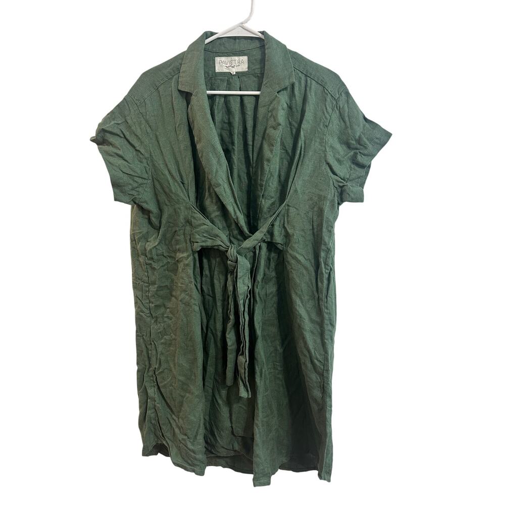 Pavietra Linen Short Sleeve Front Tie Button Snap Dress Green Sz M Lagenlook
